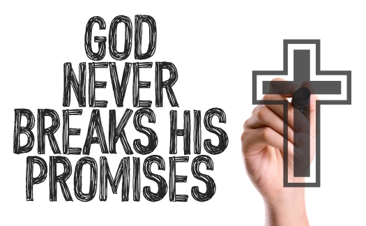 Hand with marker writing: God Never Breaks His Promises