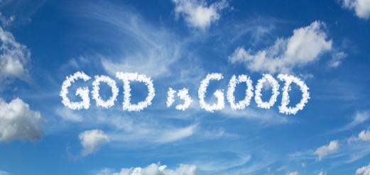 GOD is GOOD inscription painted with clouds on a blue background with white clouds